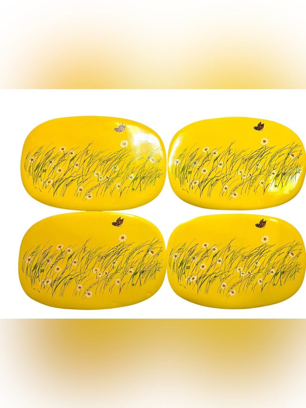 Vintage 70s Vera Neumann Set 4 Yellow Butterfly Daisy Vinyl Placemats MCM